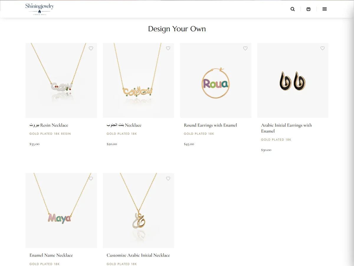 Screenshot of the Shining Jewelry homepage